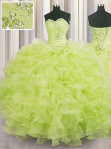 Yellow Green Ball Gowns Organza Sweetheart Sleeveless Beading and Ruffles Floor Length Lace Up Quinceanera Dresses