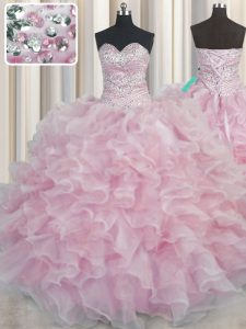 Affordable Bling-bling Pink Quinceanera Gowns Military Ball and Sweet 16 and Quinceanera and For with Beading and Ruffle
