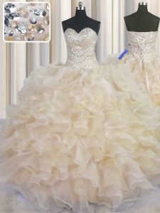 Low Price Organza Sweetheart Sleeveless Lace Up Beading and Ruffles Quince Ball Gowns in Champagne