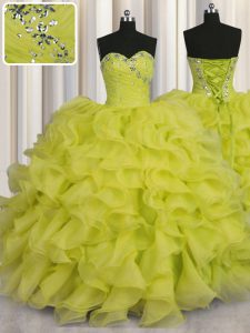 Floor Length Lace Up Vestidos de Quinceanera Yellow Green for Military Ball and Sweet 16 and Quinceanera with Beading an