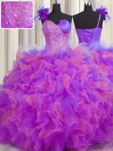 One Shoulder Handcrafted Flower Multi-color Sleeveless Tulle Lace Up Quince Ball Gowns for Military Ball and Sweet 16