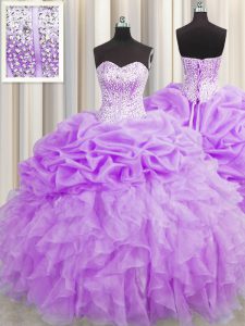 Visible Boning Beading and Ruffles and Pick Ups Quinceanera Gown Purple Lace Up Sleeveless Floor Length