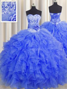 Discount Handcrafted Flower Royal Blue Sleeveless Beading and Ruffles and Hand Made Flower Floor Length Sweet 16 Quincea