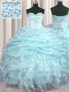 Sleeveless With Train Beading and Ruffles and Pick Ups Lace Up Quinceanera Dress with Light Blue Brush Train