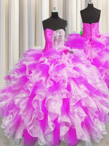 Multi-color Organza Lace Up Quinceanera Dresses Sleeveless Floor Length Beading and Ruffles and Ruching