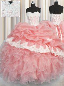 High End Sleeveless Floor Length Appliques and Ruffles and Pick Ups Lace Up Sweet 16 Dresses with Watermelon Red and Bab