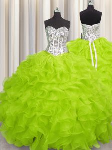 Best Selling Yellow Green Sweetheart Lace Up Beading and Ruffles Quinceanera Dress Sleeveless