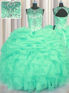 Amazing See Through Turquoise Quince Ball Gowns Military Ball and Sweet 16 and Quinceanera and For with Beading and Ruff