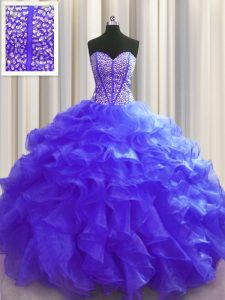 Visible Boning Sleeveless Organza Floor Length Lace Up Sweet 16 Dresses in Purple with Beading and Ruffles