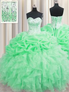 Sumptuous Visible Boning Apple Green Organza Lace Up Sweetheart Sleeveless Floor Length Sweet 16 Dress Beading and Ruffl