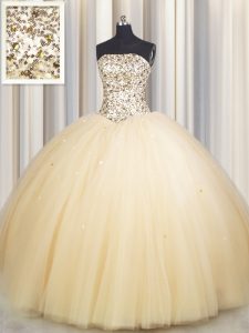 Really Puffy Gold Sleeveless Floor Length Beading and Sequins Lace Up 15th Birthday Dress