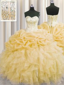 Low Price Visible Boning Organza Sleeveless Floor Length 15 Quinceanera Dress and Beading and Ruffles