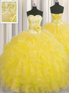 Elegant Handcrafted Flower Gold Sweetheart Neckline Beading and Ruffles and Hand Made Flower Vestidos de Quinceanera Sle