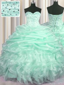 Apple Green Sleeveless Sweep Train Beading and Ruffles and Pick Ups With Train Sweet 16 Quinceanera Dress
