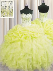 Latest Visible Boning Floor Length Yellow Quinceanera Dresses Organza Sleeveless Beading and Ruffles