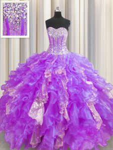 Sequins Visible Boning Floor Length Ball Gowns Sleeveless Lavender Quinceanera Gowns Lace Up
