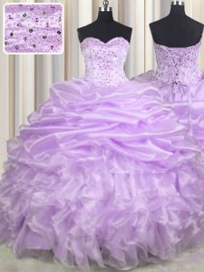 Customized Sleeveless Brush Train Beading and Ruffles and Pick Ups Lace Up 15th Birthday Dress