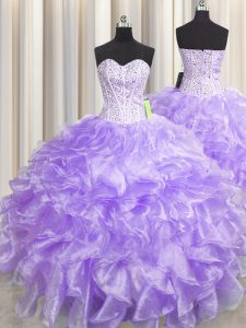 Inexpensive Visible Boning Zipper Up Sweetheart Sleeveless Quinceanera Dresses Floor Length Beading and Ruffles Lavender