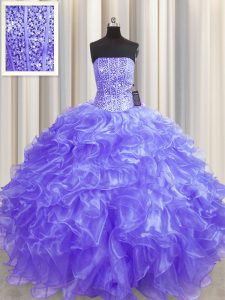 Beautiful Visible Boning Sleeveless Organza Floor Length Lace Up 15 Quinceanera Dress in Lavender with Beading and Ruffl
