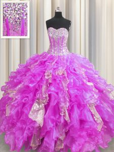 Beautiful Visible Boning Lilac Ball Gowns Sweetheart Sleeveless Organza and Sequined Floor Length Lace Up Beading and Ru