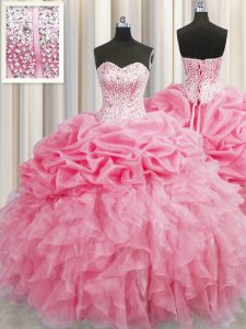Affordable Visible Boning Rose Pink Ball Gowns Sweetheart Sleeveless Organza Floor Length Lace Up Beading and Ruffles Qu
