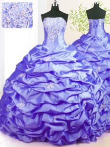 Lavender Ball Gowns Taffeta Strapless Sleeveless Beading and Pick Ups With Train Lace Up Quince Ball Gowns Sweep Train