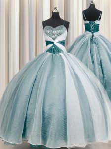 Teal Spaghetti Straps Neckline Beading and Ruching Quince Ball Gowns Half Sleeves Lace Up
