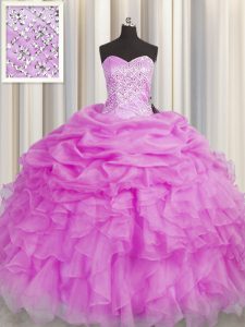 Adorable Sleeveless Floor Length Beading and Ruffles Lace Up 15 Quinceanera Dress with Lilac