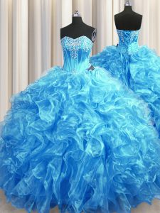 Custom Designed Sweetheart Sleeveless Quinceanera Gown Sweep Train Beading and Ruffles Baby Blue Organza