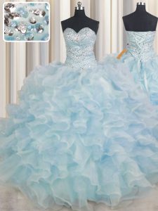 Top Selling Light Blue Organza Lace Up Quinceanera Dress Sleeveless Floor Length Beading and Ruffles