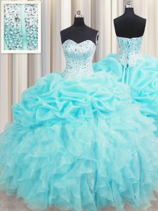 Elegant Visible Boning Floor Length Lace Up Sweet 16 Dress Aqua Blue for Military Ball and Sweet 16 and Quinceanera with