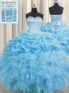 Vintage Visible Boning Baby Blue Organza Lace Up 15th Birthday Dress Sleeveless Floor Length Beading and Ruffles and Pic