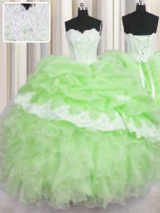 Floor Length Green Quinceanera Gown Organza Sleeveless Beading and Ruffles and Pick Ups