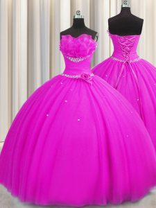 Beautiful Handcrafted Flower Fuchsia Ball Gowns Tulle Strapless Sleeveless Beading and Sequins and Hand Made Flower Floo
