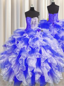 Classical Blue And White Organza Lace Up Quinceanera Gown Sleeveless Floor Length Beading and Ruffles and Ruching