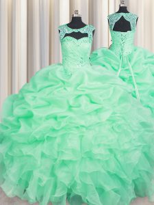 Organza Scoop Sleeveless Lace Up Beading and Pick Ups Ball Gown Prom Dress in Apple Green