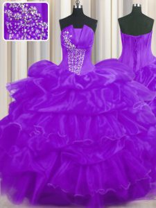 Floor Length Lace Up Quince Ball Gowns Purple for Military Ball and Sweet 16 and Quinceanera with Beading and Ruffled La