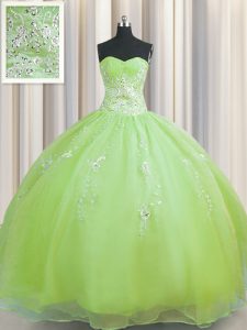 Customized Zipper Up Olive Green Organza Zipper Sweetheart Sleeveless Floor Length 15 Quinceanera Dress Beading and Appl