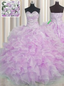 On Sale Floor Length Lace Up 15th Birthday Dress Lilac for Military Ball and Sweet 16 and Quinceanera with Beading and R