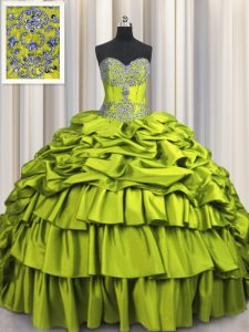 Exceptional Brush Train Sleeveless Taffeta Floor Length Lace Up Quince Ball Gowns in Olive Green with Beading and Embroi