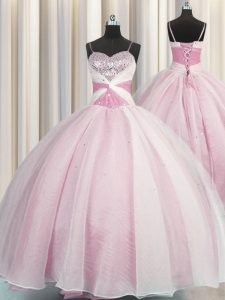 Custom Designed Spaghetti Straps Sleeveless Beading and Ruching Lace Up Quinceanera Gowns