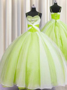 Sophisticated Yellow Green Lace Up Spaghetti Straps Beading and Ruching Quinceanera Dresses Organza Sleeveless
