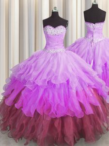 Multi-color Organza Lace Up Sweetheart Sleeveless Floor Length Quinceanera Gown Beading and Ruffles and Ruffled Layers a
