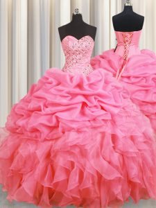 Hot Selling Halter Top Rose Pink Lace Up Sweet 16 Dresses Beading and Ruffles and Pick Ups Sleeveless Floor Length