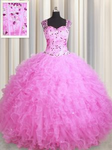 See Through Zipper Up Rose Pink Sleeveless Beading and Ruffles Floor Length Quinceanera Gowns