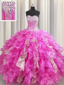 Fitting Visible Boning Fuchsia Ball Gowns Beading and Ruffles and Sequins Quinceanera Gown Lace Up Organza and Sequined 