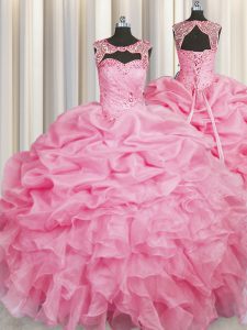 Hot Sale Rose Pink Scoop Neckline Beading and Pick Ups Quinceanera Dress Sleeveless Lace Up