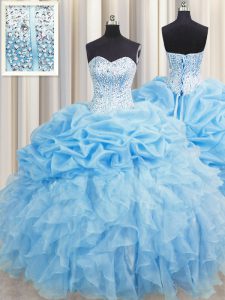Visible Boning Beading and Ruffles and Pick Ups Quinceanera Dresses Baby Blue Lace Up Sleeveless Floor Length
