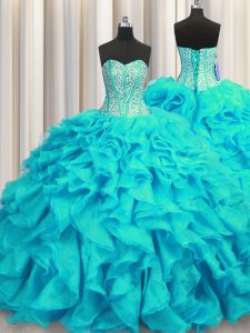 Beauteous Visible Boning Sleeveless Organza Brush Train Lace Up Quinceanera Gown in Aqua Blue with Beading and Ruffles