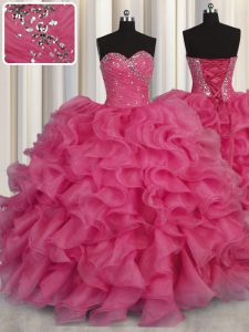 Popular Floor Length Lace Up Sweet 16 Quinceanera Dress Hot Pink for Military Ball and Sweet 16 and Quinceanera with Bea